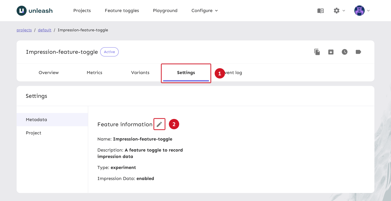 The create feature flag form. There's a flag at the end of the form that enables or disables impression data. It's labeled "impression data".