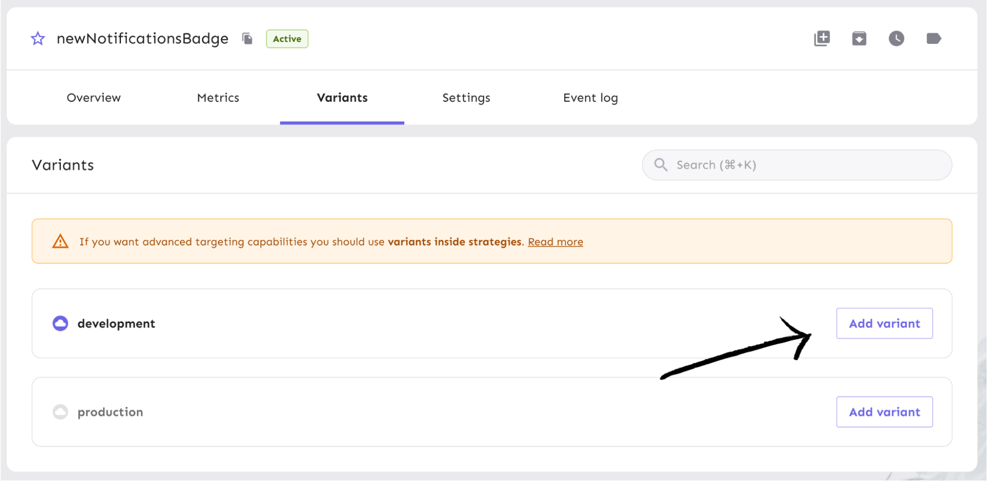 We point to the button in Unleash to add a variant, labeled "add variant".
